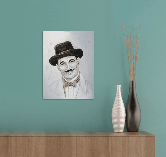 Hercule Poirot. Portrait. Monochrome watercolor painting.