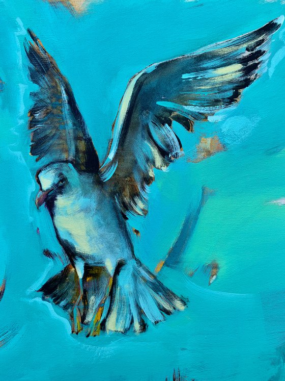 Bright diptych - "Sea sounds" - Pop Art - Bird - Sea - Ocean - Seagull - Sunset