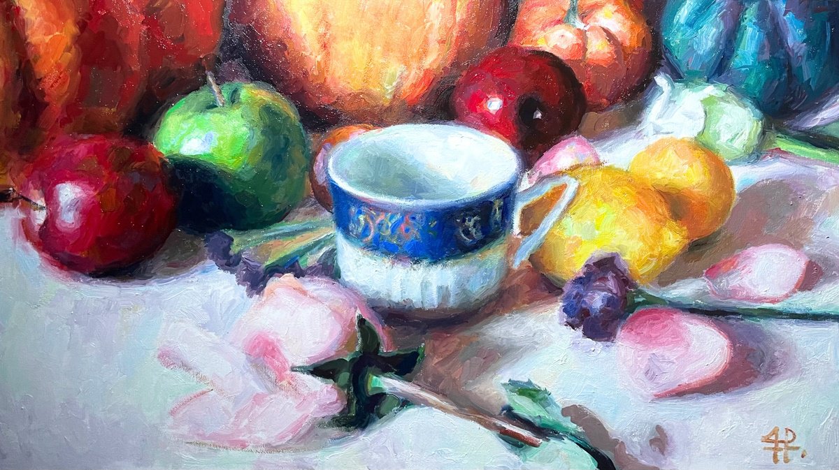 Impressionistic Still Life Oil Painting By Andres Portillo, 31 X 18, Fruits And Porcelain, Original Artwork
