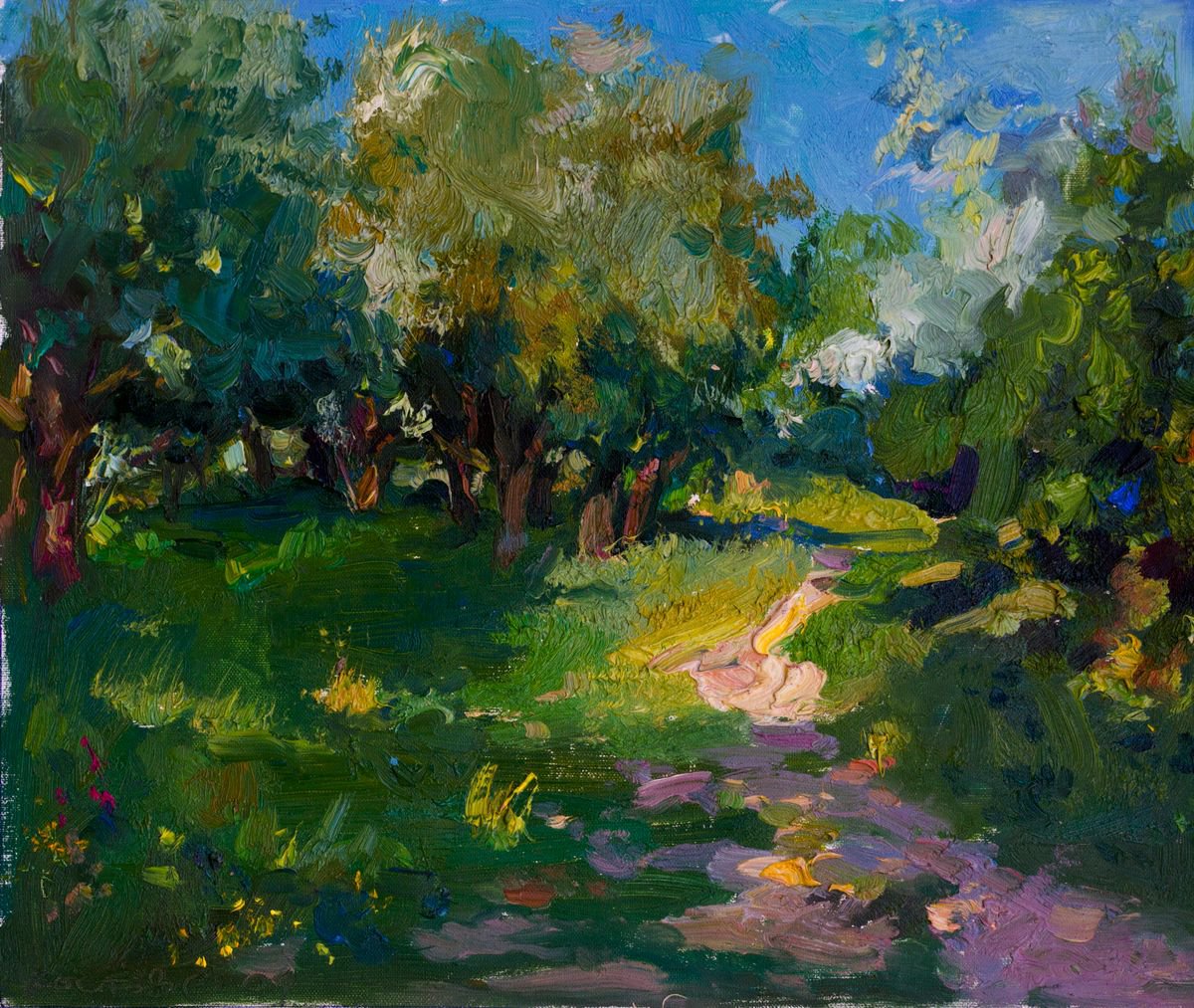 Impressionistic Landscape Oil Painting By Sergey Kostov, 12 X 10", Forest Landscape, Original Artwork