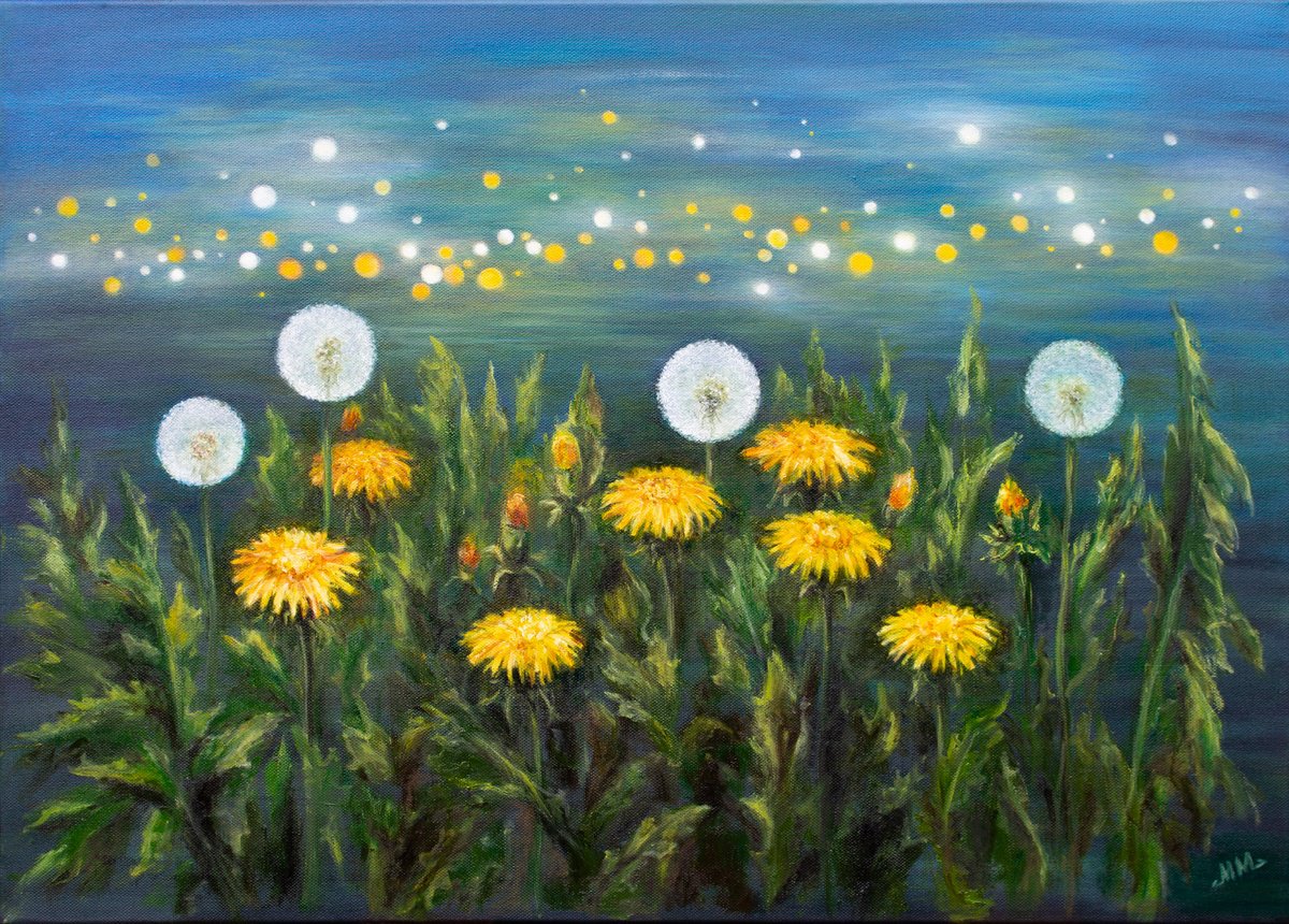 Expressive Botanical Painting By Mila Moroko, 28 X 20", Dandelion Night, Original Artwork