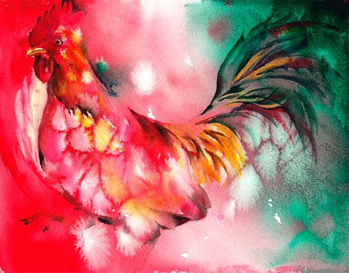 Original watercolour painting of a Rooster by Anjana Cawdell