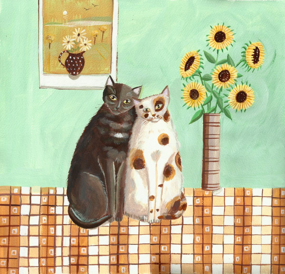Illustrative Acrylic Painting , Cats With Sunflowers By Mary Stubberfield, 15 X 14, Artwork For Sale On Artfinder
