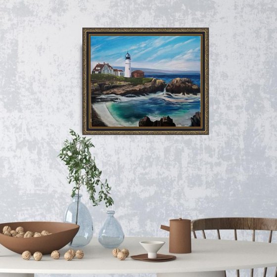 Lighthouse Landscape. Original Oil Painting on Canvas. Spectacular Coastal Landscape with Blue Sky and Water Reflection.