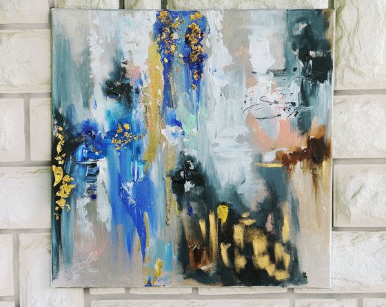Abstract blue painting with Gold Foil Accents