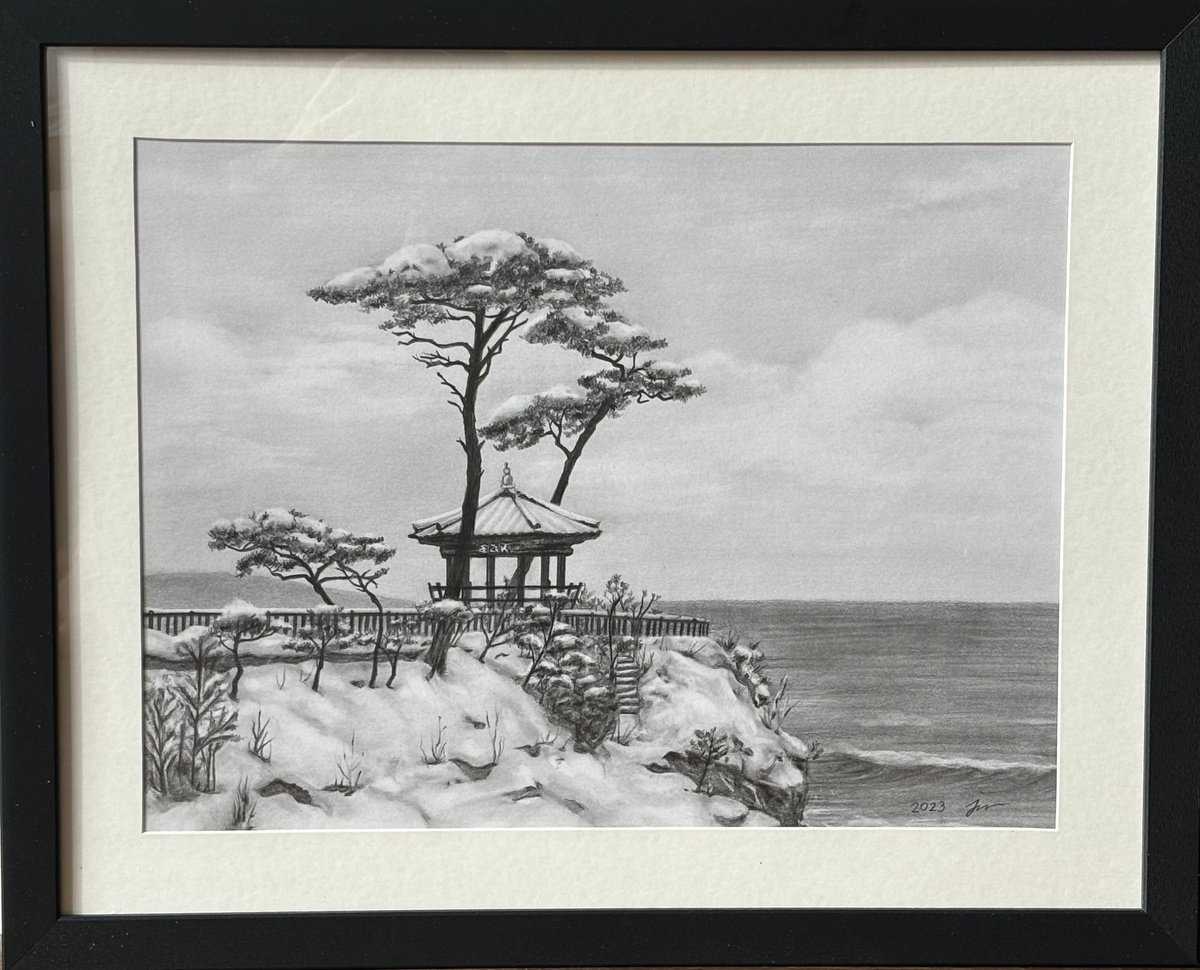 Photorealistic Landscape Pencil Drawing By Sun-Hee Jung, 21 X 17", Pavilion On The Beach (Naksansa Temple), Original Artwork