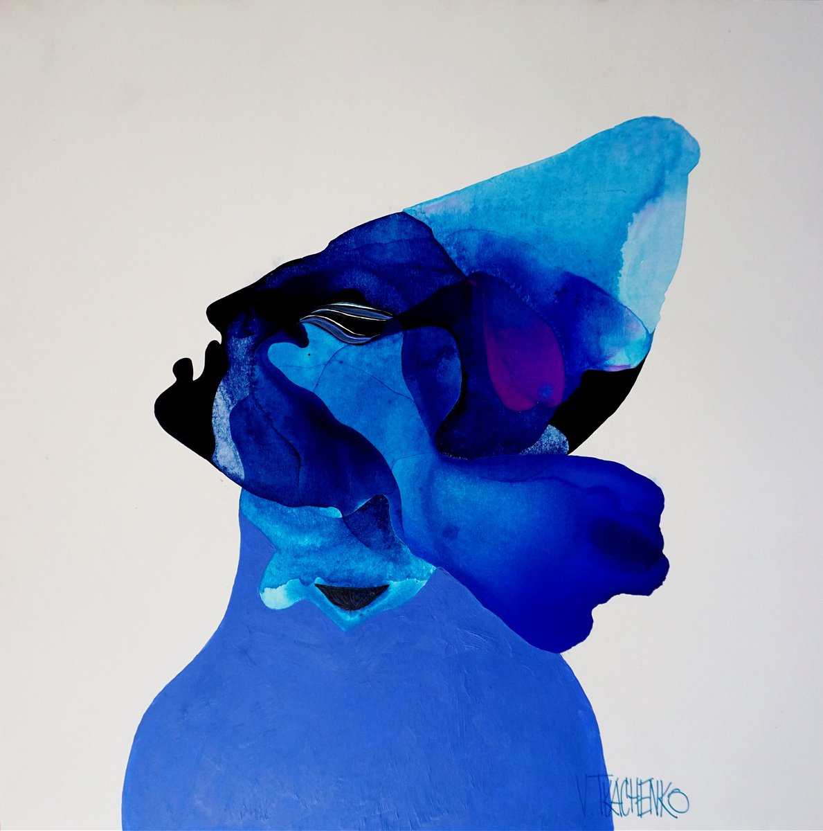 Organic Portrait Acrylic Painting By Victor Tkachenko, 18 X 19", Indigo, Original Artwork