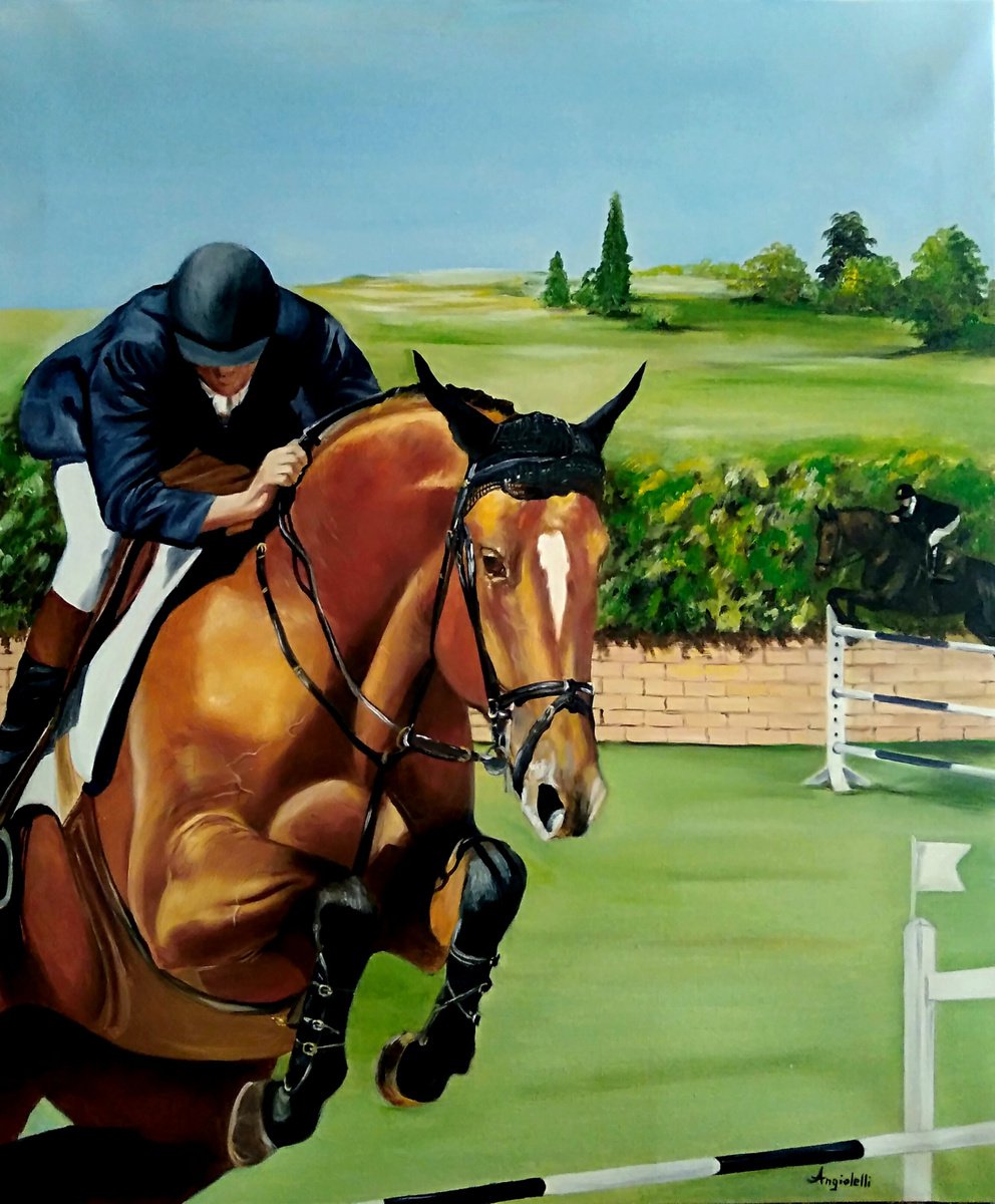 Photorealistic Animal Oil Painting By Anna Rita Angiolelli, 20 X 24, Obstacle Race, Original Artwork