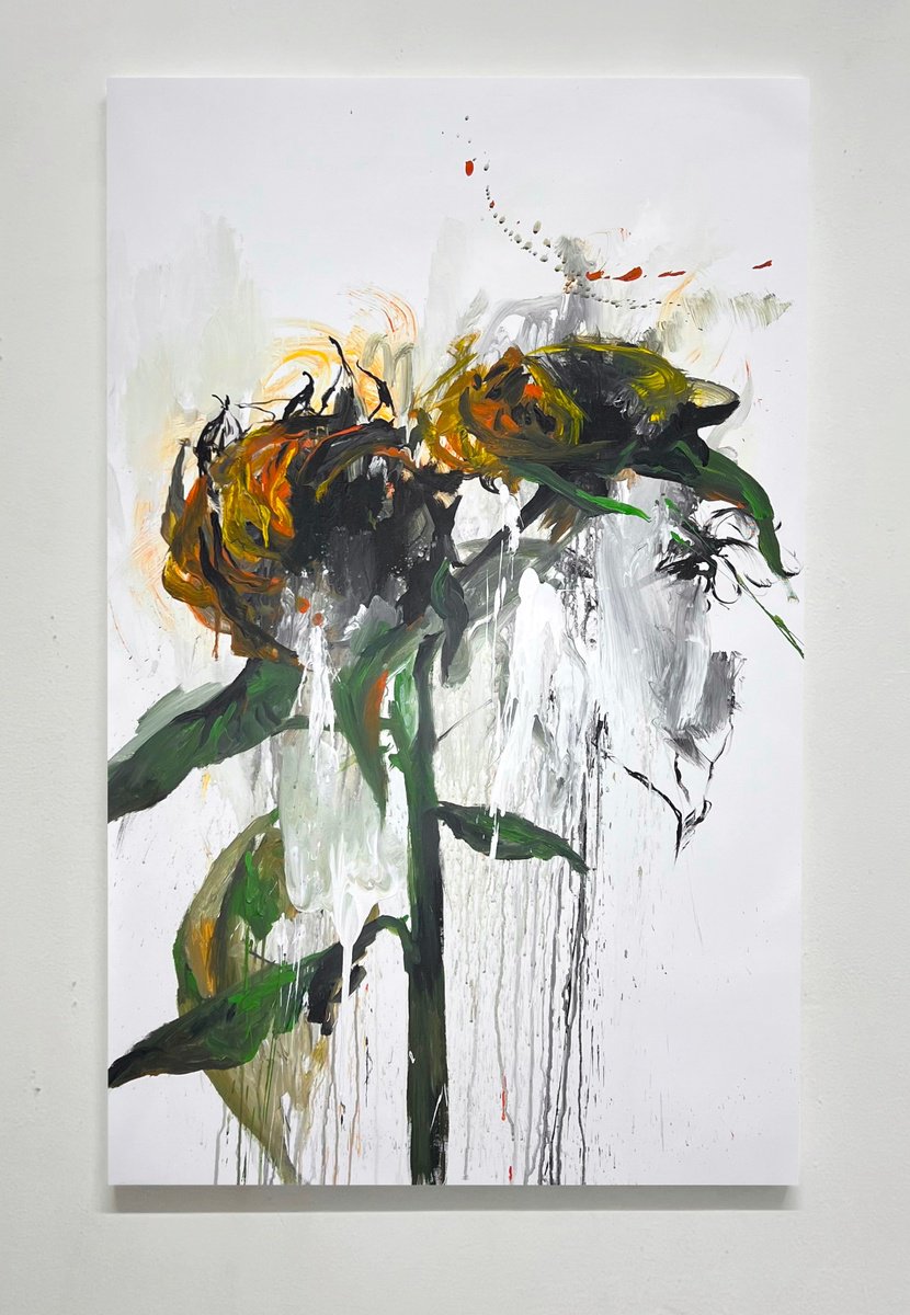 Expressive Botanical Acrylic Painting By Rosi Roys, 31 X 47", Sunflower 11, Original Artwork