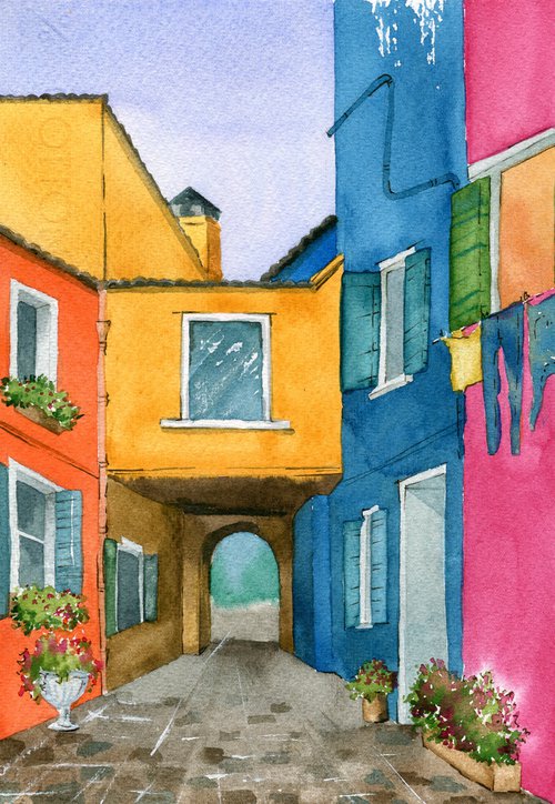 Old street in Europe. Original watercolor artwork. by Evgeniya Mokeeva