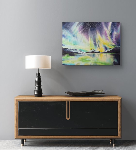 Winter glow: watercolor lights over the lake