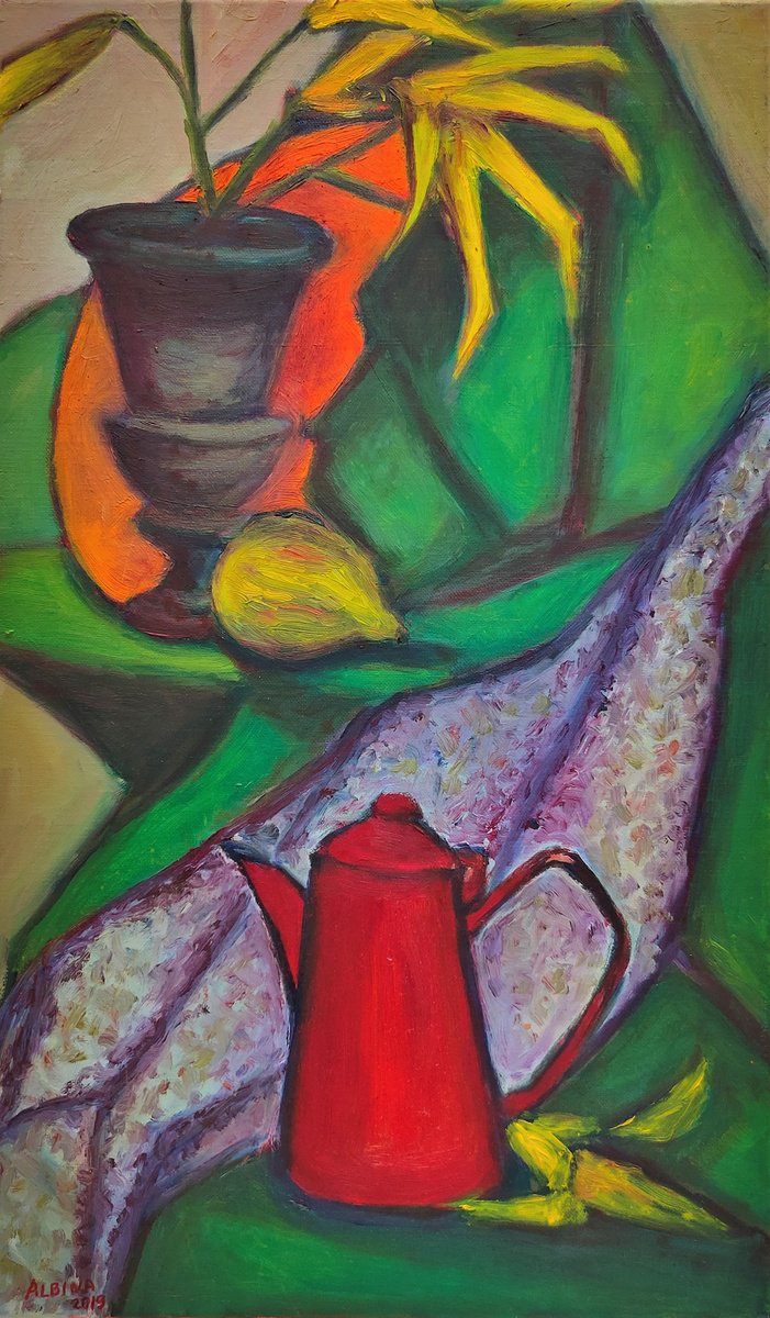 Impressionistic Still Life Oil Painting By Albina Urbanek, 13 X 22, Still Life With Lemon, Original Artwork