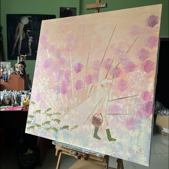 The Frog Shepherd 115x115cm. Acrylic, gold