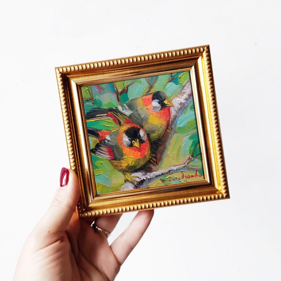 Orange birds couple on brunch art painting, Mini picture frame bird painting original 4x4