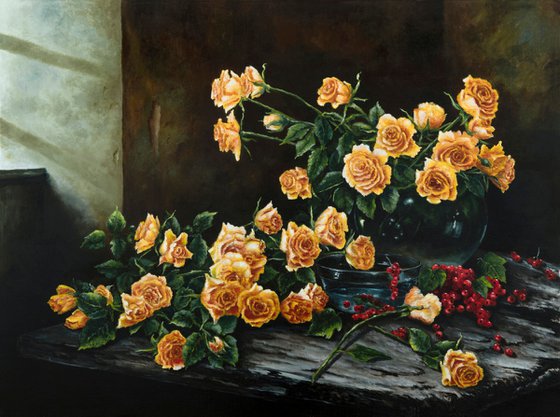 Still life with yellow roses and red currants