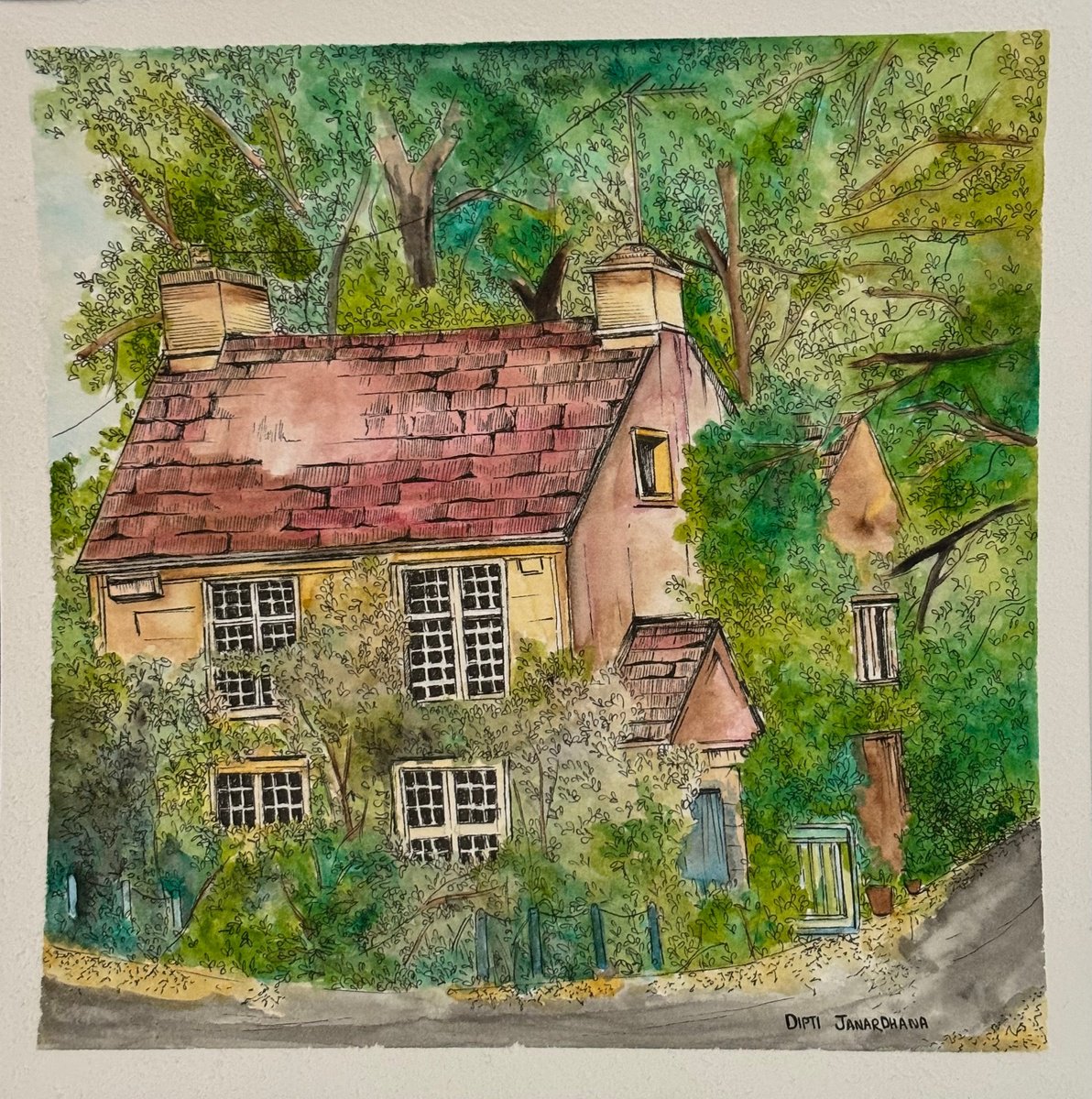 Illustrative Cityscapes Watercolour By Dipti Janardhana, 8 X 8, Nestled In Nature, Original Artwork