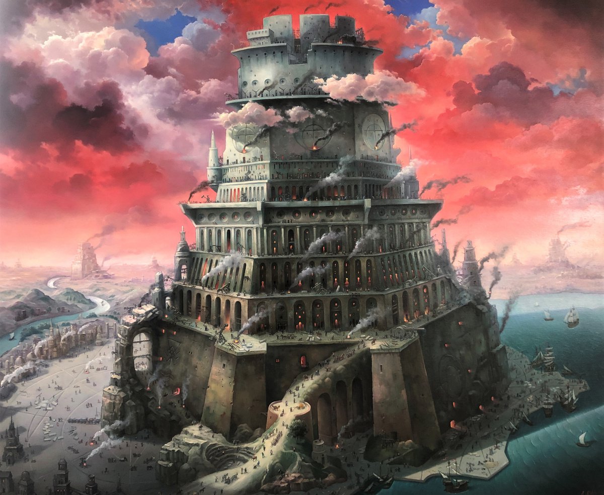 Surrealistic Cityscapes Oil Painting By Alexander Mikhalchyk, 47 X 39, The Tower Of Babel. Red., Original Artwork