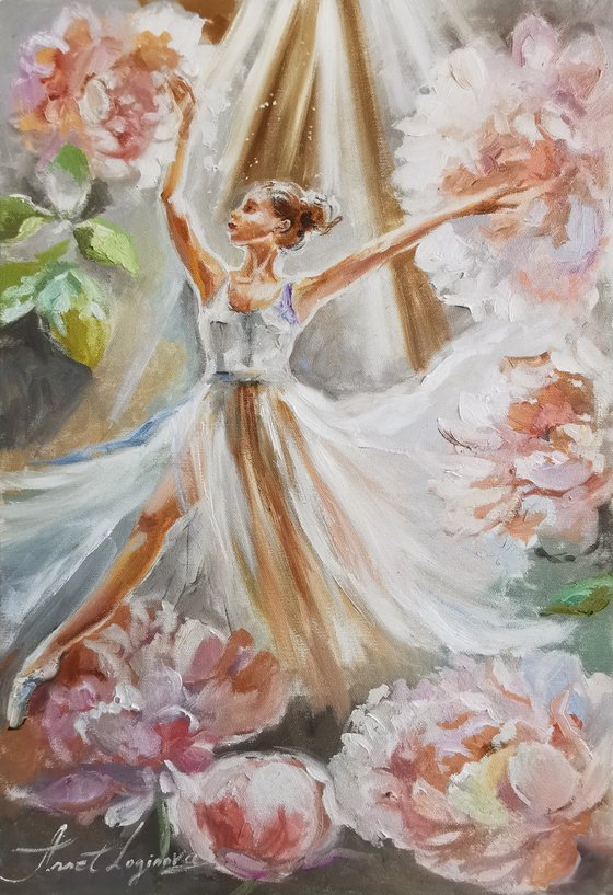 Le Ballet. Delicate Oil Painting. Ballerina Amidst Peonies., Dancer wall art