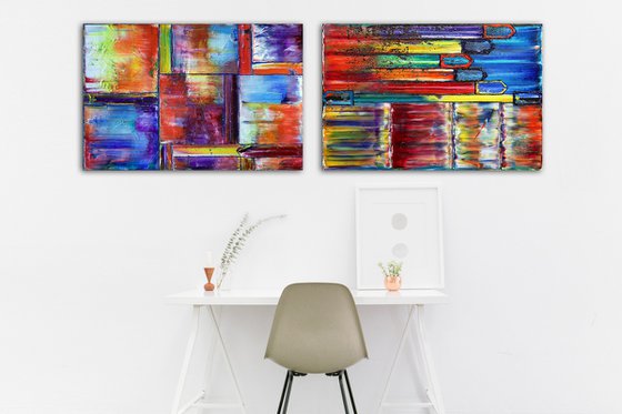 "Get It While It's Hot" - Save As A Series - Unique PMS Geometric Oil Painting Diptych On Canvas - 72" x 24"