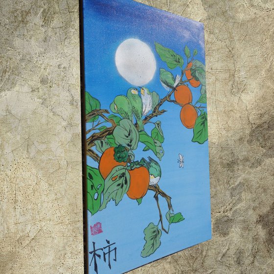 Persimmon brunch moon and birds Japan Hieroglyph original artwork in japanese style J099 ready to hang painting acrylic on stretched canvas wall art