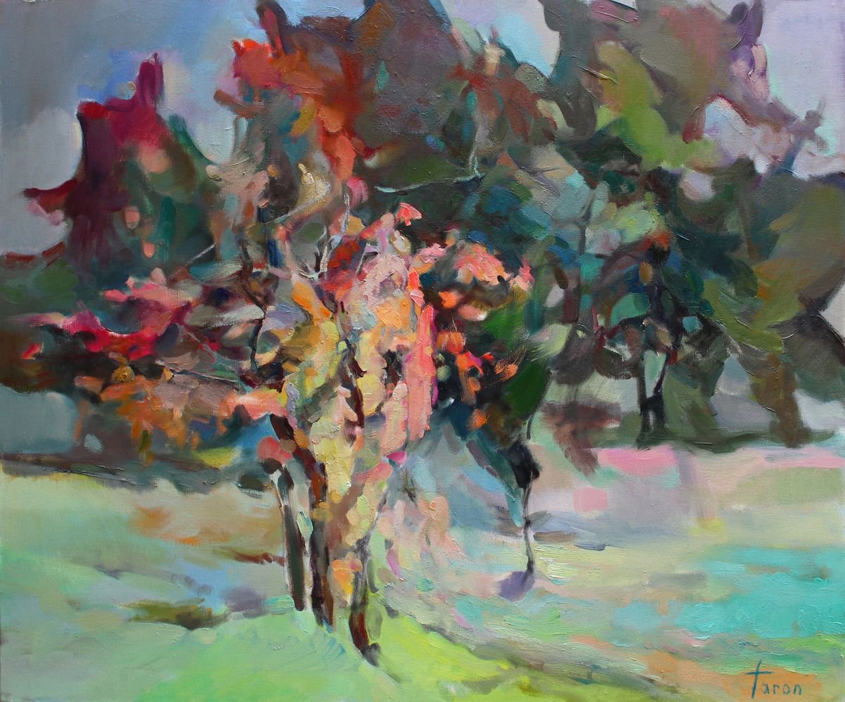 Abstract Landscape Oil Painting By Taron Khachatryan, 35 X 31", Autumn Presentation, Original Artwork