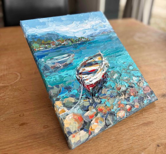 "Boat by the Shore" seascape painting