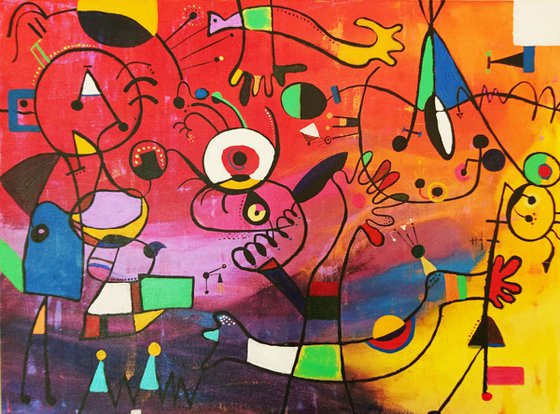 Story Teller, Original abstract painting inspired by Joan Miro, Ready to hang