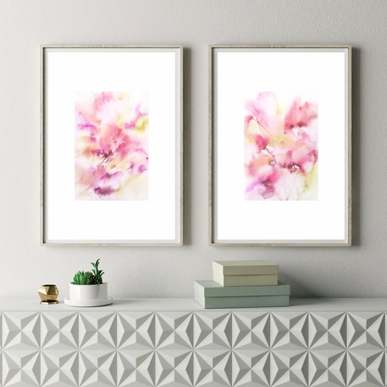 Pink flowers set, watercolor loose flowers painting