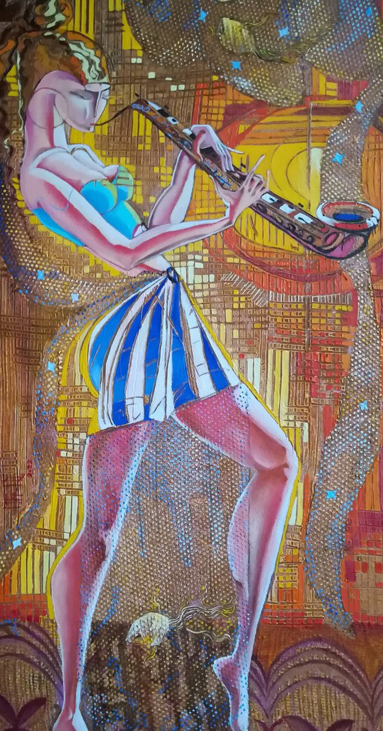 Saxophonist (40x80cm, oil/canvas, ready to hang)