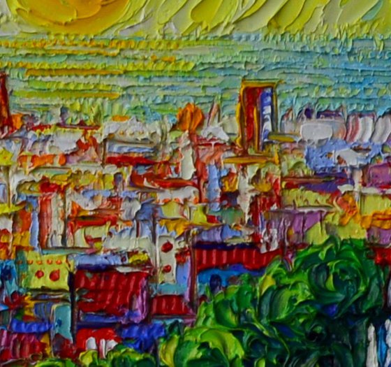 BARCELONA PARK GUELL SUNRISE modern impressionist textural impasto palette knife oil painting abstract stylized cities by Ana Maria Edulescu