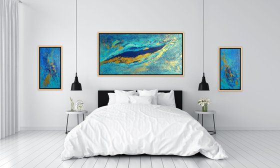 Large Blue and Gold Abstract Textured Painting. Modern Art on Canvas with Structures. Dyptych