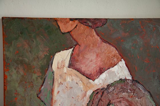 Alone among roses shrubs - Figurative Woman Painting on Canvas