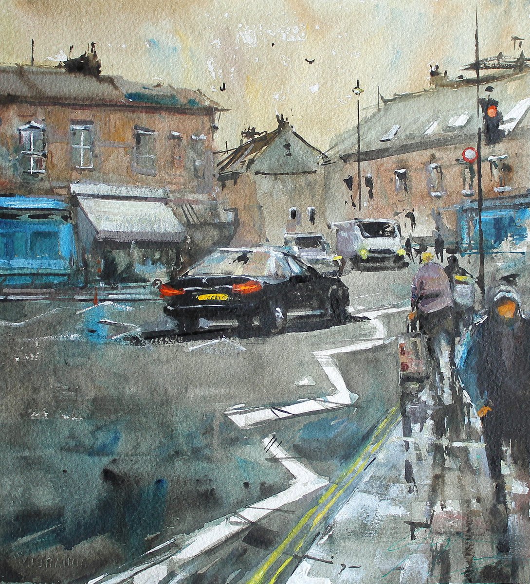 Impressionistic Cityscapes Watercolour By Maximo Damico, 11 X 12", Camden Walking Ii, Original Artwork
