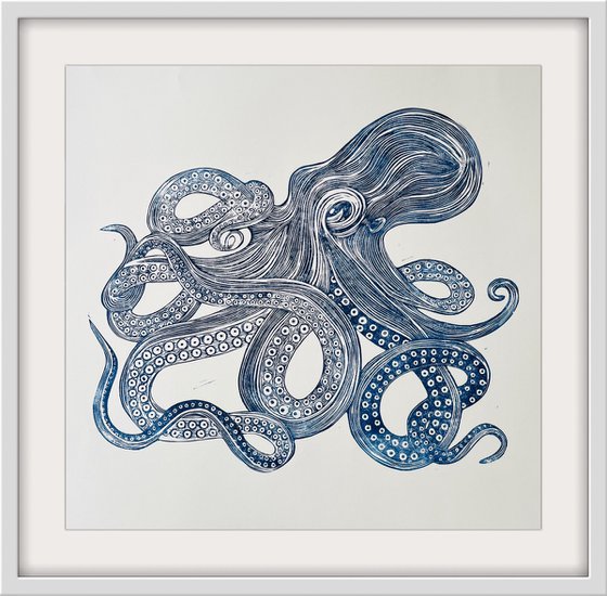 Blue Octopus Linocut