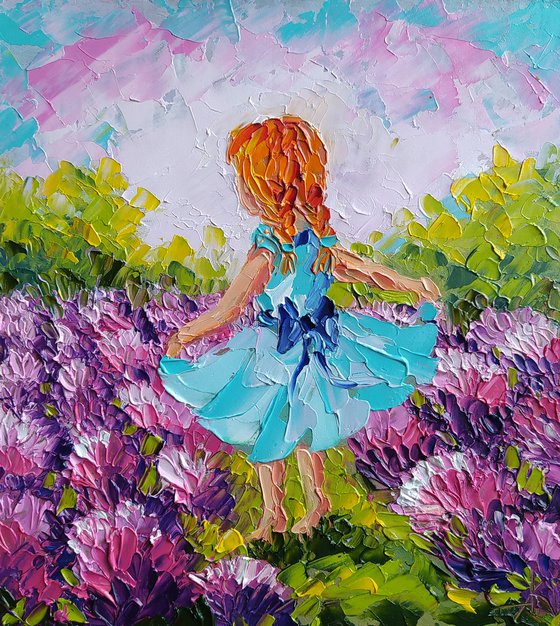 Redhead in lavender -  oil painting, child, lavender, childhood, girl, children, lavender field