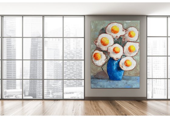 Egg flowers in blue vase