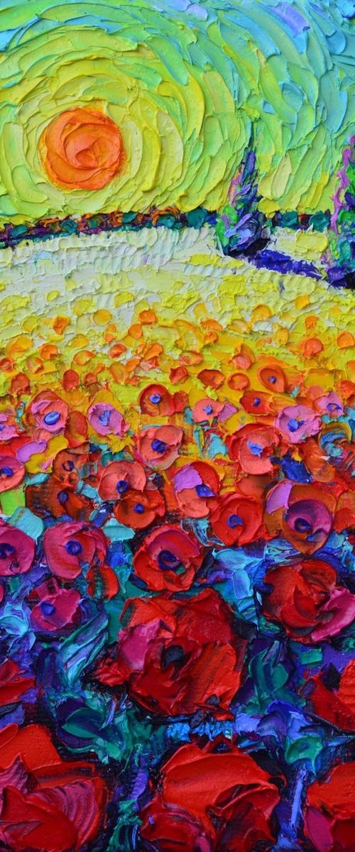 TUSCANY POPPIES ROUNDSCAPE SUNRISE 7 textural impressionist impasto palette knife oil painting by Ana Maria Edulescu by ANA MARIA EDULESCU