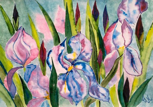 Irises Painting Floral Original Art Flowers Watercolor Artwork Small Wall Art 17 by 12" by Halyna Kirichenko by Halyna Kirichenko