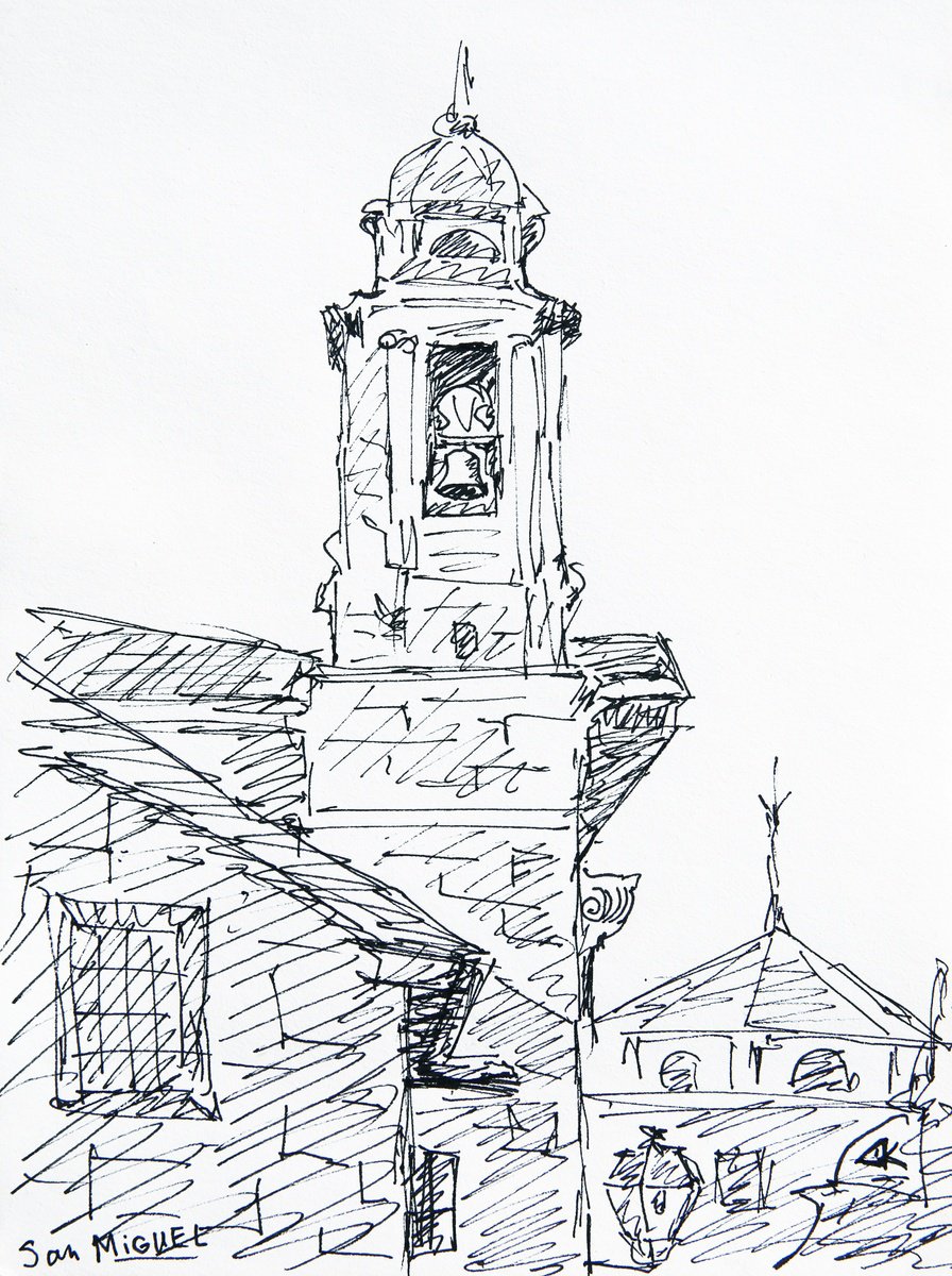 Graphic Cityscapes Ink Drawing By Denys Kuvaiev, 6 X 8, San Miguel Church, Original Artwork