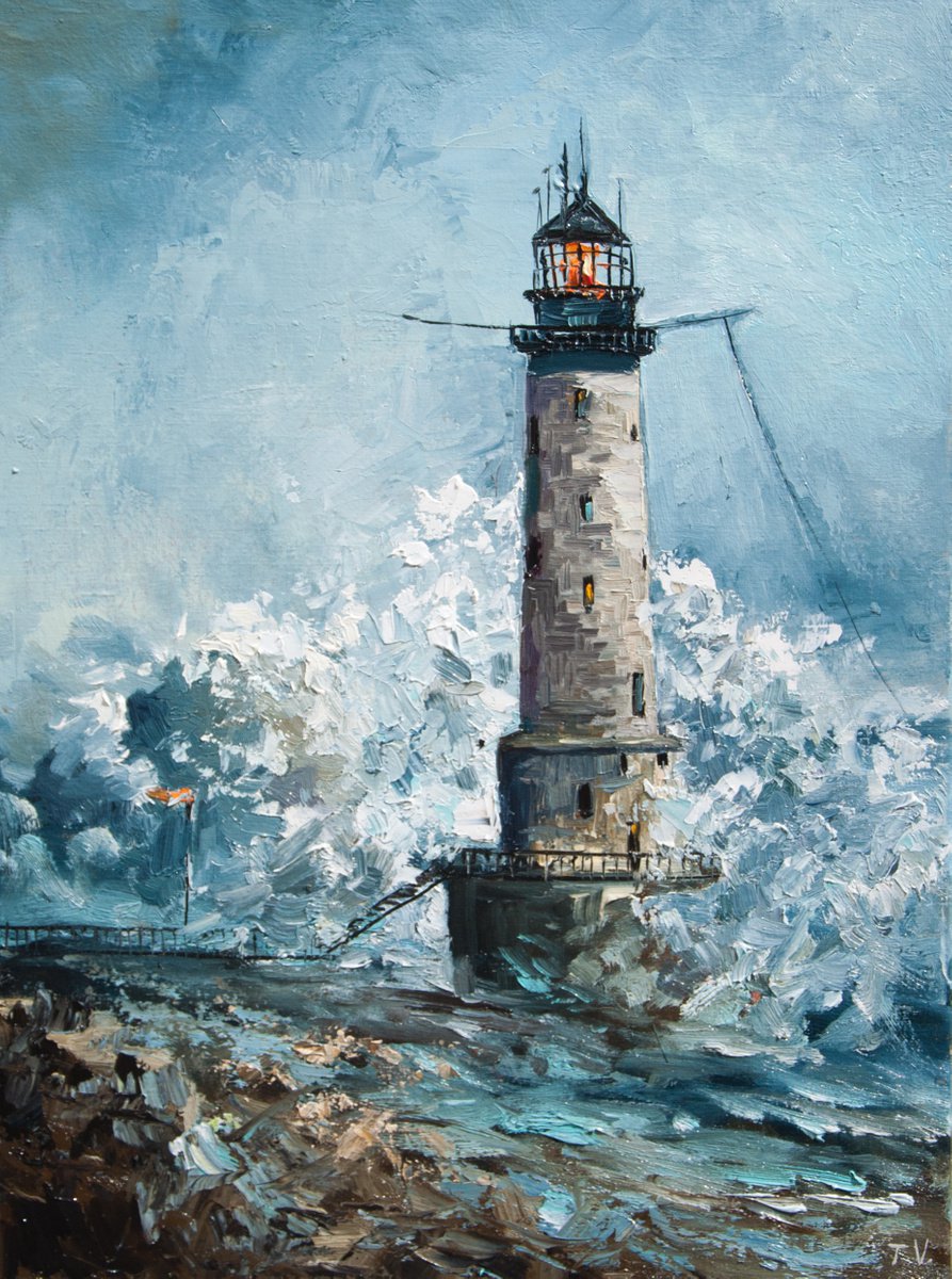 Lighthouse. Oil painting. 12 x 16in. by Tetiana Vysochynska