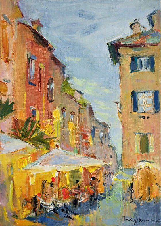 Cafe in Rome . Street light. Italian holiday series.  Original plein air oil painting .