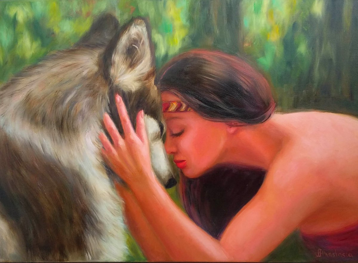 Portrait Woman and Wolf Friends Wildlife Dog lovers Twin Souls by Anastasia Art Line