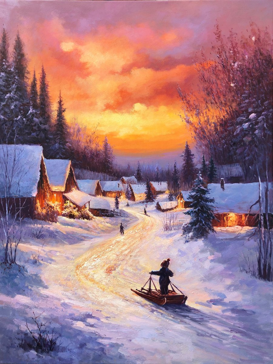Impressionistic Landscape Oil Painting By Jianzhe Chon, 35 X 47, Snowscape Z047, Original Artwork