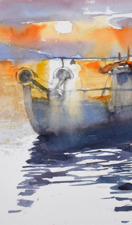 Fishing boat  in sunset by Goran Žigolić Watercolors