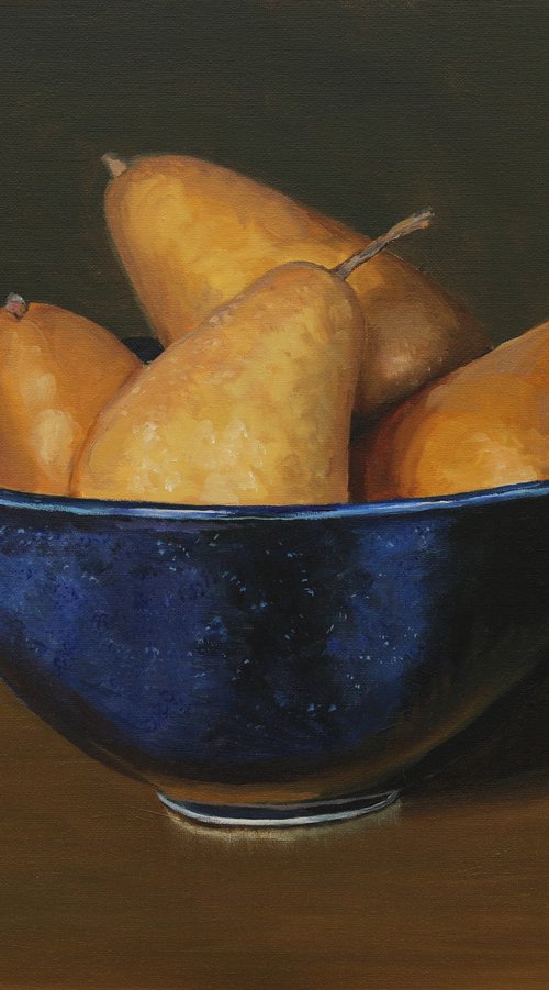 Pears in a blue bowl by Tom Clay