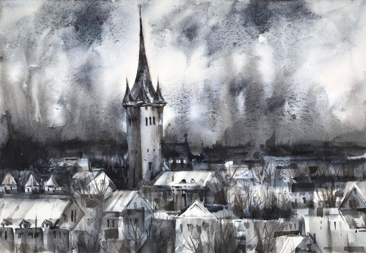 Expressive Cityscapes Watercolour By Galina Poloz, 15 X 11, Snow Tallinn., Original Artwork