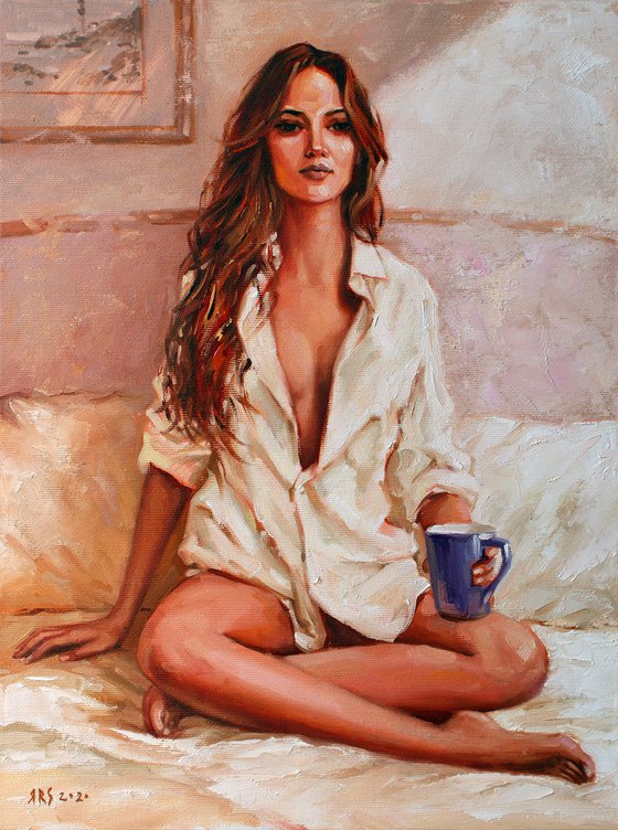 Jenny's morning by Yaroslav Sobol  (Modern Impressionistic Romantic Beautiful Girl Oil painting Gift)