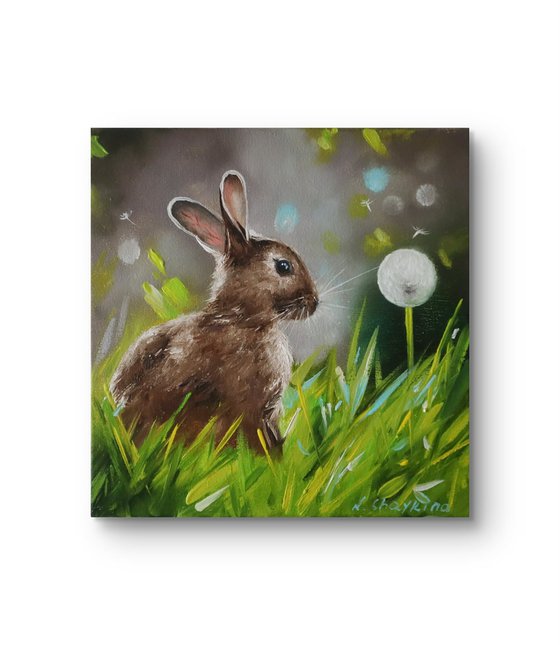 Rabbit with Dandelion in Spring Grass