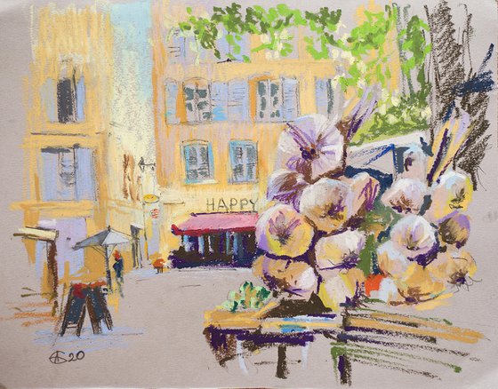 Aix-en-Provence market. Oil pastel painting. original garlic provence france neutral small painting interior decor