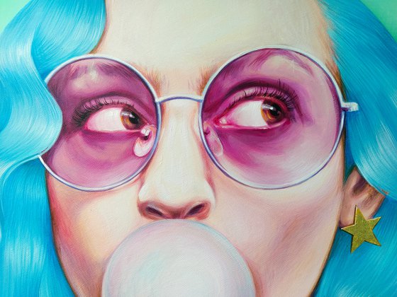 Painting "Girl with bubble gum" on a round stretcher 58 cm (22.83 inches) With blue hair and pink glasses